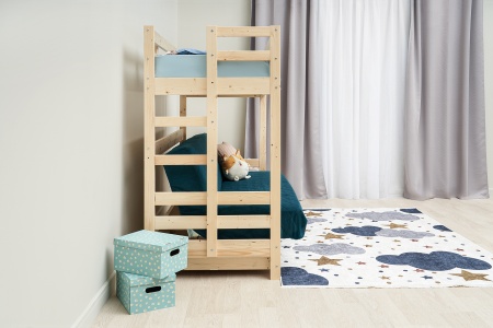 Двухъярусная кровать массив с диван-кроватью синий / натуральный